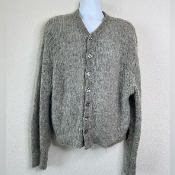 Vintage 60s Wool Mohair Shag Knit Kurt Cobain Cardigan Sweater Sz M w/ Patches - Picture 2 of 9
